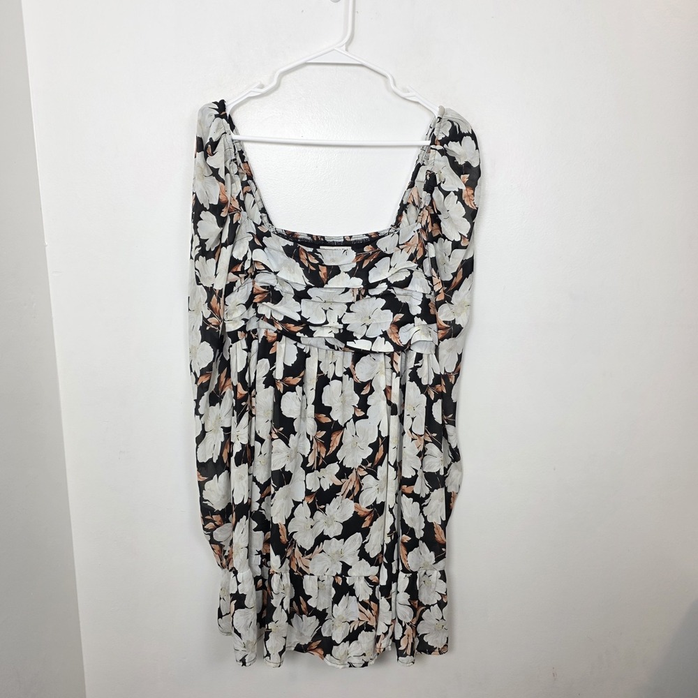 Abercrombie & Fitch Black White Floral Ruched Long Sleeve Mini Dress Size L Tall - Picture 5 of 11